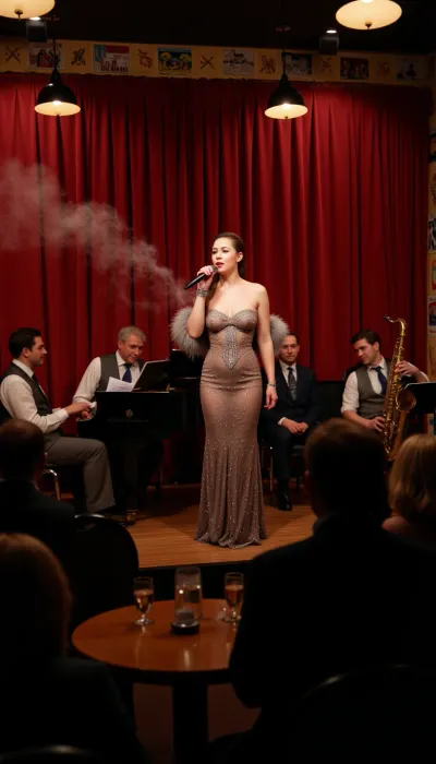 A vibrant 1940s cabaret stage bathed in the warm glow of dimly lit pendant lights, casting dramatic shadows across the rich, velvet curtains. At center stage, a glamorous chansonette in a shimmering, figure-hugging evening gown adorned with sequins and a feathered boa stands under a single spotlight, her face radiant with a mix of passion and nostalgia. She holds a vintage microphone in her gloved hand, her eyes closed, as she sings a soulful tune with a French accent, captivating the audience. Behind her, a quartet of musicians, consisting of a pianist, double bass player, saxophonist, and drummer, are engaged in their instruments, adding layers of sophistication to the melody. The smoke from their cigarettes and the ambience of the room swirls upward, contributing to the hazy, intimate atmosphere. The audience is a sea of well-dressed patrons, their faces reflecting the soft light, with some leaning in to better absorb the emotive performance while others sway gently to the rhythm. The walls of the cabaret are lined with framed vintage posters, and small round tables are crowded with half-filled glasses of wine and champagne. The scene is a time capsule of the era, exuding the charm, elegance, and the bittersweet longing that characterized the music and nightlife of the 1940s. The woman's voice, a blend of Edith Piaf's grit and Billie Holiday's soulfulness, fills the room, resonating with the tumultuous history of the time, yet offering a brief reprieve from the world outside. The entire image is steeped in a monochromatic palette of deep reds and blacks, reminiscent of old photographs, which only heightens the sense of timelessness and the transportive nature of her song.