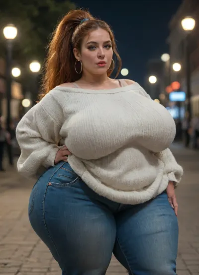 Mature, (oversized ssbbw:1.3), ., (Oversized thick thighs and oversized wide hips:1.4), . Oversized wide sweater. Natural ginger hair, thick ponytail. Freckles on face. Long eyelash. Busty lips, lipstick. Tight jeans. Big earrings. seductive posing, low lights, bokeh, in the style of epic movement, cinematic color grading, photorealistic, intense emotion, full body photo., <lora:add-detail-xl:1>