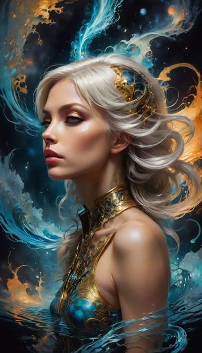 beautiful woman, white hair, Black ink flow, 8k resolution, photorealistic masterpiece by Aaron Horkey and Jeremy Mann, intricately detailed fluid gouache painting by Jean Baptiste, professional photography, natural lighting, volumetric lighting, maximalist, concept art, intricately detailed, complex, elegant, expansive, fantastical, cover, from side, <lora:weitian-000016:1>, <lora:SDXLFaeTastic2400:1.2>