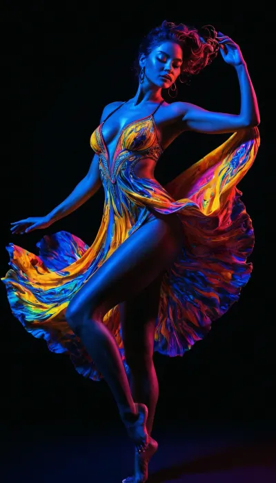 Colorful woman, Black ink flow, 8k, photorealistic masterpiece, intricately detailed fluid gouache, calligraphy, watercolor art, professional photography, volumetric lighting, photo-illustration, concept art, elegant, fantastical, PENeonUV, blacklight, neon, the whole body is visible, dynamic pose, dancing, <lora:PE_NeonUV Style:.5>