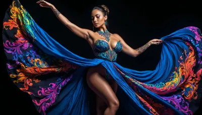Colorful woman, Black ink flow, 8k, photorealistic masterpiece, intricately detailed fluid gouache, calligraphy, watercolor art, professional photography, volumetric lighting, photo-illustration, concept art, elegant, fantastical, PENeonUV, blacklight, neon, the whole body is visible, dynamic pose, dancing, voluptuous dress, big tits, XUER, Silk, Road, dress, full, body, tattoo, mad-cybrpprct2, papercut, outline, glowing, <lora:PE_NeonUV Style:.5>, <lora:Neon_Cyberpunk_Papercut_2_SDXL:.5>