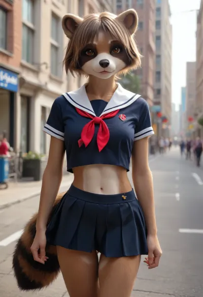 1girl, ((furry raccoon female on street)), raccoon anthro, midget, small body, short arms, short legs, looking at viewer, raccoon's head, alone, fit, thin, slim, abs, small ass, city theme, school uniform, pulling up skirt to show bald pink pussy, fursuit, <lora:FursuitXL:.6>, <lora:Hegre-Nude_woman-000001:.5>