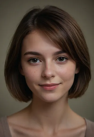 portrait of a, (beautiful:1.5), (innocent:1.3), girl, (young:1.9), 18 yo, (makeup:1.3), thin, (French), (small nose:1.5), (shy), (smile:1.2), Bob haircut, (brown hair), perfect eyes, (matte skin details), masterpiece, hyperrealistic photo, best quality, detailed, skin, blemish, (skin spots), <lora:add-detail-xl:1.5>