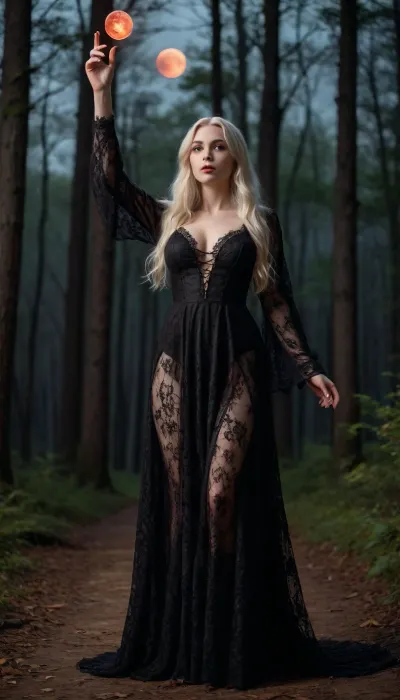 A 20-year-old witch, very pale skinned, white long hair, dressed in a long low-cut black lace dress, large big breasts, in the forest, at night, she raises a hand, magic flame in her raised hand, the background shows a forest at night, background shows nightime forest, background shows a stone stele, a full red moon in the sky in the background.