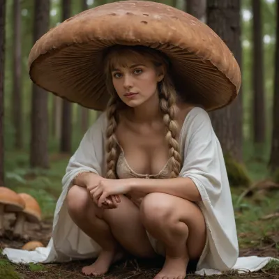 russian 18yo girl in forest clearing, (((girl squatting, enormous giant mushroom with brown cap on her head, hugging knees, unbuttoned white kaftan, brown ornate, showing one breast, a lot of mushrooms around))), ((wearing Russian national costume, partially nude, bottomless, no panties, pussy, visible pussy)), ((full body view, side view)), ((anorexic body, small breasts, pussy, long thin legs, narrow waist, braided blonde hair)), detailed breasts, long detailed nipples, dslr qiality, good hands, perfect fingers, masterpiece, professional photo, high quality, high quality photo, style of V. Vasnetsov, russian village, ancient russia, khokhloma, gzhel, highres, extremely detailed, 8k photo, best quality, realistic, erotic, photorealistic, photo, photography, detailed, in focus, UHD 8k focus
