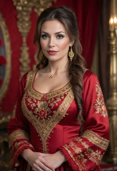 55 year old chubby MILF, (mature milf:1.5), (((brunette, long wavy hair, gathered in a big ponytail))), ((round face)), brown eyes, red lipstick, ((in festive national Russian clothes with embroidered gold pattern)), background filled with scarlet roses, cleavage, blue, green, purple, ((wide ankles, barefoot))
