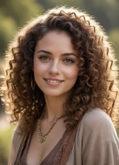 A woman with elegant curly hair, warm smile, and expressive eyes, earthy tones, layered fabrics, exotic jewelry, sunlit outdoor setting.