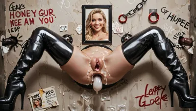 wall of glory in discotheque, iron ring around hole in wall, protruding from ass of glory wall, detailed facial skin, girl trapped in hole in wall, ((only lower body protrudes from wall, body was trapped in wall up to waist)), black latex boots, black fishnet stockings, semen everywhere, semen on her legs and neck, raised legs chained to the wall, ((on the wall hangs a picture of the face of a blonde german girl of 18 year, smile)), spotlight on ass, lots of trash, lots of condoms, filthy graffiti, detailed background, <lora:580159_training_data:1>