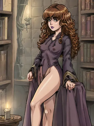 (beautiful, sexy, extra small, young Hermione Granger, Celtic face, (((large brown eyes))), (((frizzy curly auburn hair))), (((puffy purple lips))), extremely skinny body, small body, gaunt, (perky tits, small pointed breasts:1.5), nipples sticking hard, thin waist, narrow slender hips, slender long legs, perfect smooth knees), late night, only candle light, dark light, candle shadows, blackout curtains, looking at her knees, ancient library, bookshelf in view, (Hogwarts black robe open in the front, naked), vintage book nearby, laying on her back, on couch, legs spread wide, <lora:akaburStyleLora_akaburAnythingV3Lora:.5>