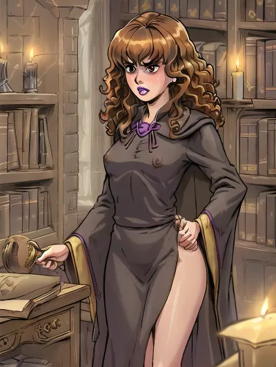 (beautiful, sexy, extra small, young Hermione Granger, Celtic face, (((large brown eyes))), (((frizzy curly auburn hair))), (((puffy purple lips))), extremely skinny body, small body, gaunt, (perky tits, small pointed breasts:1.5), nipples sticking hard, thin waist, narrow slender hips, slender long legs, perfect smooth knees), late night, only candle light, dark light, candle shadows, blackout curtains, looking at her knees, ancient library, bookshelf in view, (Hogwarts black robe open in the front, naked), vintage book nearby, blushing, embarrassed, angry, surprised, shocked, <lora:akaburStyleLora_akaburAnythingV3Lora:.5>