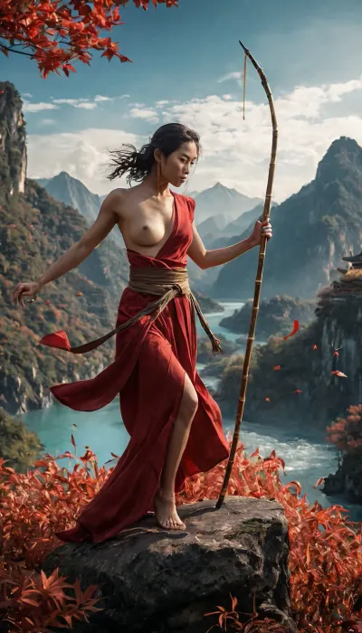 At the edge of an impossible mountain range, where the peaks curl like dragon claws and the rivers flow upward into the sky, a sexy nude female martial artist stands atop a floating, spinning bamboo staff. She is weightless, her crimson sash unraveling in slow motion as if caught in the breath of the universe itself. Her fists glow with an eerie blue fire, casting flickering shadows across her face—calm, unreadable, yet holding the knowledge of a thousand battles. Around her, warriors of all kinds move in impossible harmony, engaged in an endless, cosmic sparring match. A barefoot monk with golden tattoos levitates above a lake of liquid mirror, deflecting a hail of daggers with nothing but his breath. A swordsman, his blade made of frozen lightning, dashes between falling autumn leaves that never quite touch the ground. Twin assassins, their bodies flickering between flesh and shadow, strike at one another with kicks so fast they shatter the air into rippling fractures of reality.
Above, celestial judges—ancient beings with eyes like eclipses—hover in lotus position, their enormous calligraphy brushes painting glowing symbols in the sky that dictate the gravity of the battlefield below. Occasionally, they reach down and erase a warrior with a single stroke, rewriting their fate into another form.
At the mountain’s peak, an enormous bronze gong hums with anticipation, its deep vibrations altering the flow of time itself. The woman atop the spinning bamboo finally moves—one single step forward—and the entire world shifts around her, as if every kick, every punch, every battle that has ever been fought was simply leading to this exact moment.