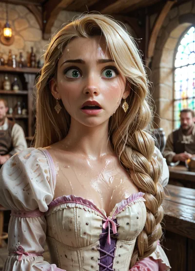 Medieval tavern, realistic blonde Rapunzel human, wet body, curious look, scared look