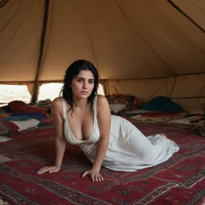 draw A plump, black-haired Iranian woman in an Afghan nomad's tent, wearing a very very short, white, sleeveless, open-backed dress, cleavage out, lies on the ground. Afghan nomads stand around her.
