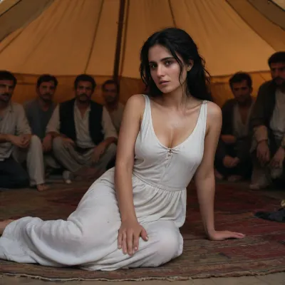 10 afghan men, draw A plump, black-haired Iranian woman in an Afghan nomad's tent, wearing a very very short, white, sleeveless, open-backed dress, cleavage out, wet face, wet body, wet pussy, lies on the ground. Afghan nomads stand around her.