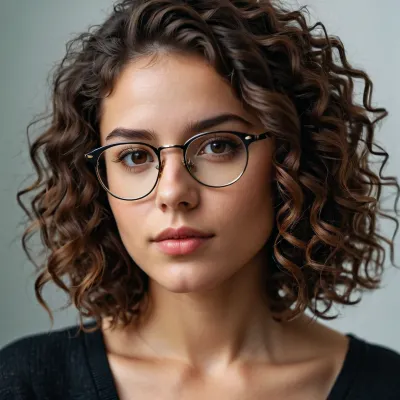 RAW photo, portrait, professional, simple background, 28 year old girl, fair skin, brown eyes, (cross eyes:1.1), slitly curley hair, sholder length hair, (rectangular glasses with black rim), 8k uhd, dslr, soft lighting, high quality, film grain, Fujifilm XT3