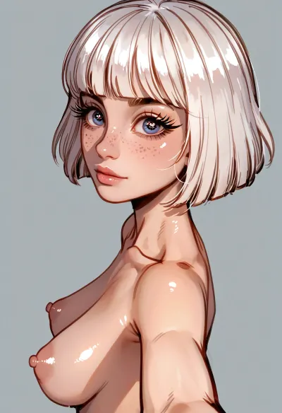 1girl, white hair, freckles on face, (skinny), (big space eyes), short hair with fringe, (((big long eyelashes))), freckles, (moles pimples spots all over body), alone, topless, (puffy nipples:.6), (best selfie pose), pretty face, portrait, standing, big round eyes, top view, (side view:1.4), (((shiny shiny tits))), (Long big conical tits), ratatatat74, <lora:ratatatat74-000050:1.5>, <lora:cartoon_stickers_xl_v1:.6>