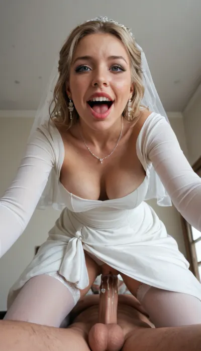 1woman, (milf:1.2), slender, 40yo, 1man, breasts, hetero, penis, sex, pubic_hair, vaginal, uncensored, grabbing, breast_grab, pussy, female_pubic_hair, freckles, woman, legs apart, dress lifted, (standing:1.2), white stockings, earrings, testicles, perfect hair, wild hair, (short hair:.9), standing_sex, jewelry, out of frame, male_pubic_hair, (panties), white panties, panties aside, blush, sweat, realistic cum, clear cum, grabbing_from_behind, opened_eyes, medium breasts, clothed, wearing white long dress, (fabric dress), tanned skin, photorealistic, intricately detailed face, intricately detailed pussy, realistic cock, intricately detailed cock, realistic face, focus on pussy, cum filled pussy, (face out of frame), (view from below:1.2), realistic pussy, (eye contact:1.2), looking at viewer, looking down, smirk, grin, wicked smile, (snub-nosed), (sharp face features:1.3), (cuckold:1.1), cuck, wife, femdom, perfect teeth, (wide jaw:1.2), thick lips, (fake puffy lips:1.2), sexy makeup, dark eye lashes, pink lipstick, cleavage, wedding dress, bridal dress, bodycon dress, (narrow sleeves:1.1), gray eyes, (from behind), white chocker, beautiful face, perfect face, high detailed face, slut, whore, bride, wedding, white veil, white hairband, mistress, cruel, cum dripping, cum flow down from pussy, pulsing dick, pulsing vagina, (hard testicles), (moaning:1.3), cumming, a lot of cum, massive cum load, (sharp nose), (long nose), sweaty, sweating, flush, (long dress:1.1), long dress lifted, (reaching to viewer:1.2), perfect hands, five fingers, french nails, light eyes, blonde hair, (loose hair:1.2), (kneeling:1.3), (standing on knees:1.3), (leaning forward:1.3)