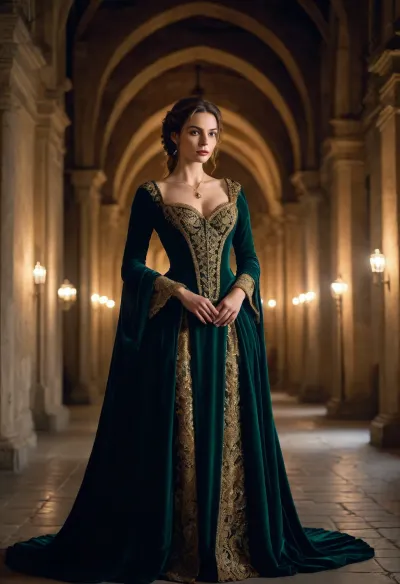 A beautiful female courtesan at a italian medieval castle, at night. She wears an luxurious gown, flowing in rich dark green velvet, adorned with shimmering gold embroidery. The dress features a corseted waist, with lace details and a long, sweeping train. The dimmed light casting a soft glow on her pale skin. Candle-lit lanterns light the scene, while the grand architecture of italian 16th century. She walks in a dark prison., <lora:castle lady xl:.5>, <lora:Medieval_Prison-SDXL:.5>