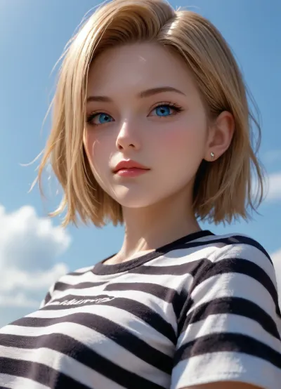 half body, 3/4 view portrait of android 18 of dragon balls, side view, small boobs, striped vneck tshirt, facing side, cloudy, 4ng3l, face, <lora:SDXL_BetterFaces-LoRA_v1:.5>, view from below, looking at viewer