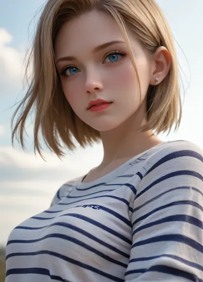 half body, 3/4 view portrait of android 18 of dragon balls, side view, small boobs, striped vneck tshirt, facing side, cloudy, 4ng3l, face, <lora:SDXL_BetterFaces-LoRA_v1:.5>, view from below, looking at viewer