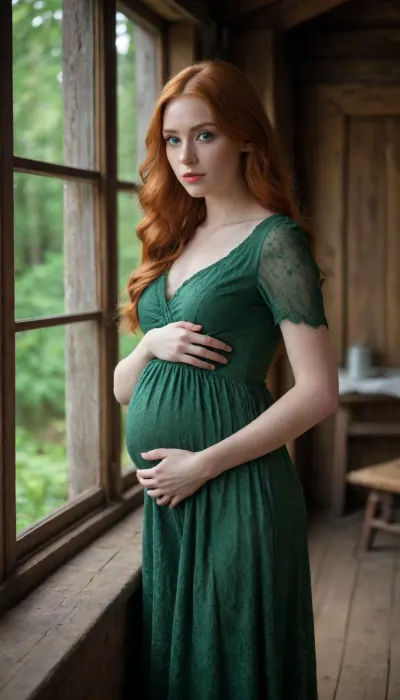very beautiful and cute girl standing in an old forest cottage, pregnant, wearing beautiful dress, fair skin, long ginger a-style hair, big beautiful green eyes, big luscious lips, full body view, semi closeup, photographic, high quality