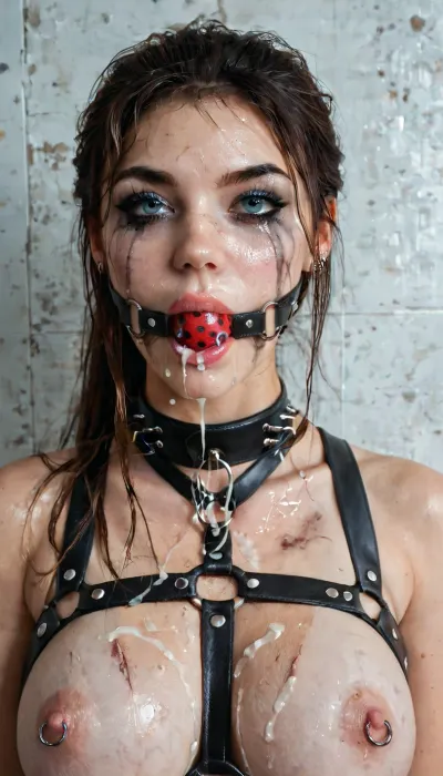 Portrait, 8k uhd, high quality, high resolution, all of focus, ultra-detailed, professional photography, photorealism, realistic, sharp line, beautiful sexy fit dark goth girl, beautiful face, long hair, ponytail, dark blonde hair seductive face, makeup, mascara, ((smeared makeup, messy mascara, mascara line, smeared mascara)), (((cum on face, cum on mouth, cum on tits))), exposed tits, dark lipstick, slave collar, nipple rings, septum piercing, (((harness ball gag))), (((haness ballgag, face harness, (harness gag), trainier gag, big harness))), piercing, ring, <lora:ballgag:1>, <lora:nippleRing:.7>, ghv7, gag, <lora:GHV7:.8>, harn3ss, bondage, harness, crotchless, <lora:harn3ss:.5>