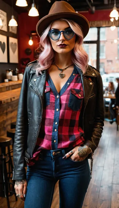 32k wallpaper of a mysterious beautiful tattooed hipster Scandinavian woman, ((He stands at the public hipster coffee shop, holds a mobile phone in his hands, looking at the camera)), (heart-shaped Glasses with gray pink lenses:1.3), in full growth, seductive pose, (pair of blue or black skinny jeans worn with an oversized plaid shirt, vintage leather jacket with interesting details like zippers, buttons, studs, or fringe, body covered in black hipster tattoo:1.4), ((legs covered in black hipster tattoo)), (((stomach covered in black hipster tattoo))), back covered in black hipster tattoo, face covered in black hipster tattoo, ass covered in black hipster tattoo, wear long necklaces that sit a few inches above their waist line with a simple pendant or charm in geometric shapes, hipster people in coffee shop background, by artgerm, intricate detail, trending on artstation, 32k, fluid motion, stunning shading, ((platinum hair color, Felt hat, front view))