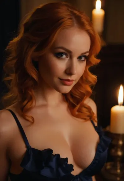 20 year old orange haired woman side eyeing camera, smirking, happy, seductive, back to camera, full lips, shiny lipgloss, hair loose, (eyeliner, winged eyeliner, dark eyeshadow), makeup, deep blue ruffled lingerie, cleavage, (candlelight)