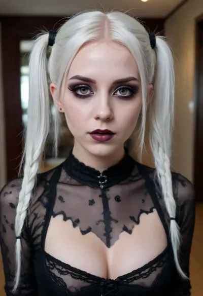 Goth girl, emo girl, beautiful face, white hair, (goth clothes), (goth makeup), full body, perky breasts, skinny, slender, (((cum on face:1.3))), (sharp features), (pigtails), (cum leaking from pussy:1.2)