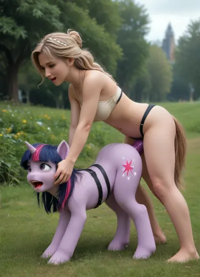 pony, Pony Twilight Sparkle from My little pony, pony body, (pony Twilight Sparkle is wearing a giant strap on made and fucking midget women Elza from Frozen), zoofilia, ((doggy style fucking)), Side view, doggy style, outdoors, screaming, wide open mouth, tears, pain face, huge dildo, incredible detail, professional photograph, DSLR, sharp focus