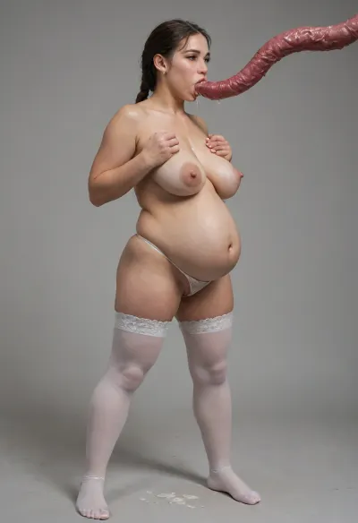 (masterpiece, best quality), full body, side view, (small pregnant young plump 18 years old with giant heavy very sagging tits and giant areolas and nipples, dark wet braided hair, very short torso, small ass, oily and wet body, small body), (plump in short creamy white stockings a short creamy white push up dress, on her neck a huge silver checker, creamy white little wet panties in cum and pushed to the side), (the plump is standing on hands of giant monster, giant 12 inch long tentacle fucks and cums in pussy of plump, huge tentacle cums a lot in a plump's mouth, tentacles make a plump swallow cum, plump swallows cum from tentacle, the plump is very disgusted and she is shocked), (vaginal 12-inches gape with cum dripping from open gape, cum dripping from mouth, anal gape with cum dripping from open gape)