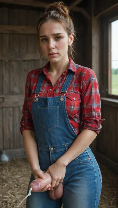 beautiful sexy slender 25 year old woman posing, (masturbating:1.4), denim overalls, flannel shirt, no makeup, hazel eyes, hair bun, ginger hair, cowboy shot, farm, perfect hands, perfect fingers, (erect penis), (futanari:1), (rugged face:1.4), (orgasm:1), (covered in cum:1.6), <lora:MJ52_v2.0:1>