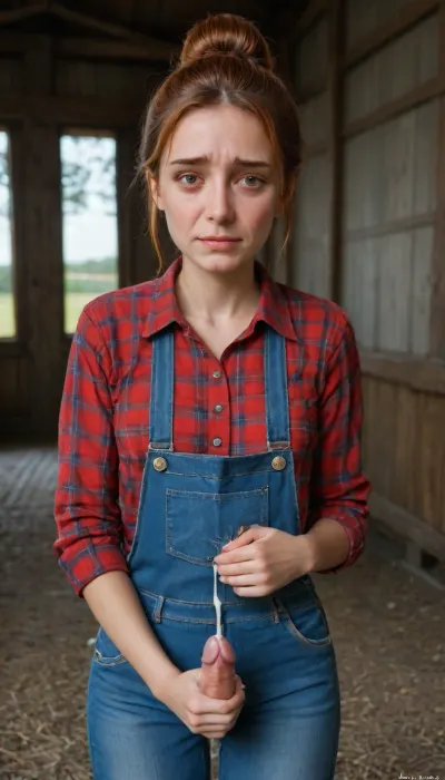 beautiful sexy slender 25 year old woman posing, (masturbating:1.4), denim overalls, flannel shirt, no makeup, hazel eyes, hair bun, ginger hair, cowboy shot, farm, (perfect hands), perfect fingers, (erect penis), (futanari:1), (nervous face:1.8), (covered in cum:1.6), <lora:MJ52_v2.0:1>