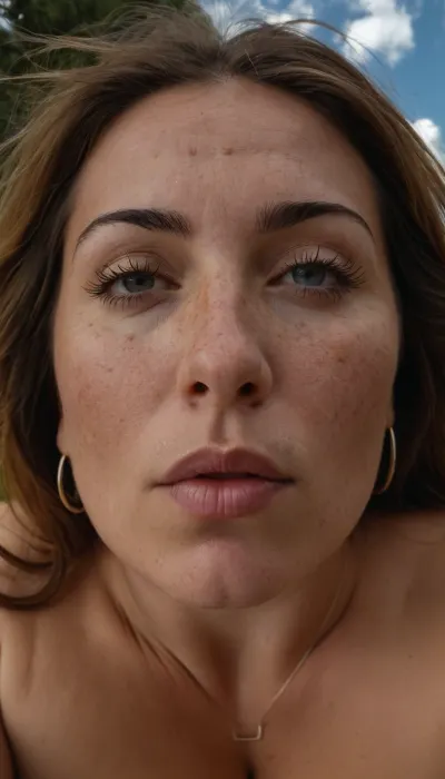 Photo taken vertically upwards, An insanely hot 40 year old italian milf is covering his field of view, her mouth is orgasming, her eyes are halfway closed, glasses, (freckles and tan-lines:1.1), blue sky with small white clouds are seen far above her head, her extremely long hair is falling down on viewers face and covering his entire pov, her very long and beautiful hair is hanging down right towards viewer, her hair is almost touching viewer, photo from lowest angle, (photo taken vertically upwards:1.3), her boobs and face in picture, photo taken with a fish-eye 180 degree wide lens, (sagging tits:1.2), (her heavy and long tits stretched all the way down to viewer:1.3), (very long hanging and sagging titties:1.4), (extremely big areolas and nipples:1.3), long and messy messy chestnut hair, loose wide-necked t-shirt