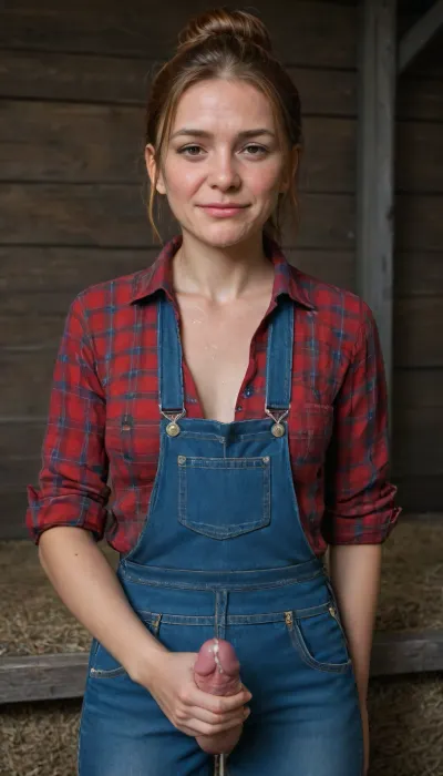 beautiful sexy slender 25 year old woman posing, (masturbating:1.4), denim overalls, flannel shirt, no makeup, Brown eyes, hair bun, ginger hair, cowboy shot, farm, perfect hands, perfect fingers, (erect penis), (futanari:1), (hungry face:1.7), (covered in cum:1.6), <lora:MJ52_v2.0:1>
