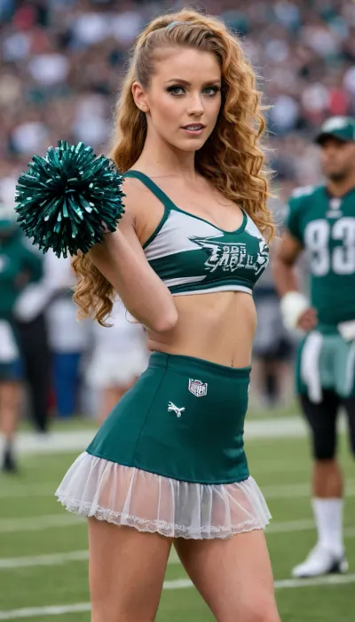 Philadelphia Eagles football cheerleader on field, dark green and silver uniform with the word "EAGLES", with big silver cheerleading pom pom, very sexy skirt, seeing lace panties, can see panties, very long ginger curly ponytail hair, bright green eyes, small breasts, game ambient, players behind her
Full body view