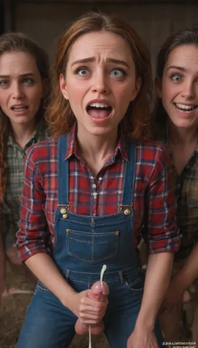beautiful sexy slender 25 year old woman posing, (masturbating:1.4), denim overalls, flannel shirt, no makeup, hazel eyes, pixie haircut, ginger hair, cowboy shot, farm, (perfect hands), perfect fingers, (erect penis), (futanari:1), (freaked-out face:1.8), (covered in cum:1.6), <lora:MJ52_v2.0:1>