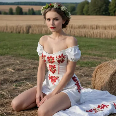 25 year old medieval russian woman kneeling on haystack on wheat field, topless, visible breasts, skinny, medium sagging breasts, flat chest, black updo haircut, tall, thick thights, long legs, thin waist, green eyes, red lips, ((unbuttoned dress, visible breasts, white russian embroidered dress)), (no panties, dress shifted to the side, legs exposed), (viburnum wreath, viburnum), view from side, golden hour sunlight filters through nearby trees, creating dramatic shadows and highlighting her fair skin, looking to viewer