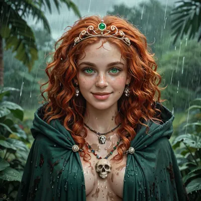 Half body view, rainy day, 18 years old redhead Irish girl, naked, long hooded cape, a glowing black flame in her palm, necklace with skulls, tiara with skulls, green vapor on the ground, necromancy, very freckled, alone, jewelry, earrings, front view, facing forward, very red symmetrical lips, round green eyes, greek nose, very detailed long curly hair, D size round tits, natural skin tone, mud stained body, a sweet and calm smile, perfect fingers and hands, muddy ground, dark mists forming around her, detailed background, <lora:580159_training_data:1>