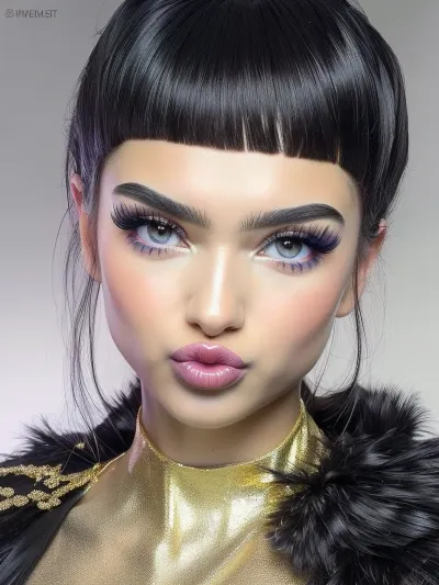 Hyperrealism, natural petite cutie, 18 years old beautiful, stunning unique female character. She has large eyes filled with joy and excitement, extravagant eyelashes, random colorfull short haircut, making this image a masterpiece of photography and digital art. Style, realistic hyper-detailed rendering, 32k UHD, expressive eyes, punk, graphic design, girl's face, pretty and cute, gleaming lips, white skin, pouting, <lora:Pouting:.7>, <lora:r0m4nt1cg0th:.5>, gold, powder, <lora:jin_20231226224140-000002:.5>