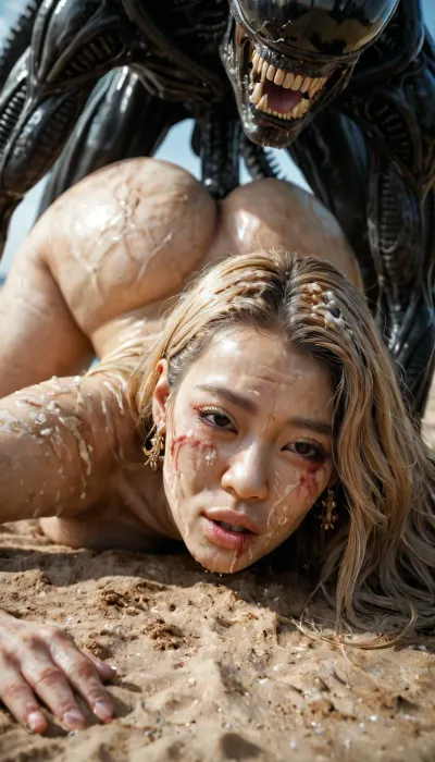 (Asian:1.5), blue veiny skin, guaru, detailed dirty face, facial wrinkles, Dried lips with bleeding cracks, 28 years old, ebon skin, very long blonde hair, very dirty hair, big space eyes, alluring makeup, small boobs, very large huge light cellulite ass, naked, ass up, anal sex, fucking by a xenomorph, zoophilia, pleasure, moaning, face focus, dirty beach everywhere