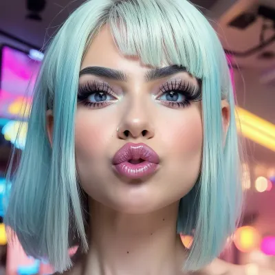 Hyperrealism, natural petite cutie, 18 years old beautiful, stunning unique female character. She has large eyes filled with joy and excitement, extravagant eyelashes, random colorful short haircut, making this image a masterpiece of photography and digital art. Style, realistic hyper-detailed rendering, 32k UHD, expressive eyes, punk, graphic design, girl's face, pretty and cute, gleaming lips, white skin, pouting, <lora:weight_slider_v2:.1>, <lora:Pouting:.7>, <lora:r0m4nt1cg0th:.5>
