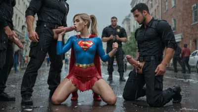 stunning blonde woman with ponytail, ((woman wearing a tight dark blue shirt with supergirl symbol)), woman wearing ripped torn red cleavage skirt, sexy posing at street sexy kneeling, warrior guy grabbing her hips with his hands, cum flowing from warrior guy cock, woman sucking warrior guy cocks, cum running down her legs while other guy fucks her, ((destroyed city, post fight scenario, after a huge superhero fight)), (((raining, clothes wet))), gangbang, woman engaging in vaginal and oral sex