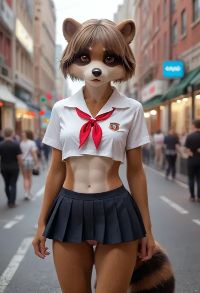 1girl, ((furry raccoon female on street)), raccoon anthro, small body, short, looking at viewer, raccoon's head, alone, fit, thin, slim, abs, small ass, city theme, school uniform, pulling up skirt to show bald pink pussy, fursuit, <lora:FursuitXL:.6>, <lora:Hegre-Nude_woman-000001:.5>