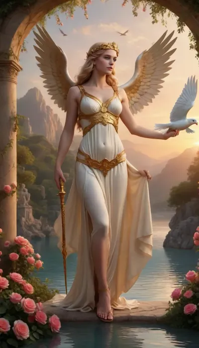 Visualize a captivating scene featuring Aphrodite and Hermes in a mythical setting. Aphrodite, the goddess of love and beauty, stands gracefully with flowing golden hair and a shimmering gown that reflects the colors of the sunset. Her presence exudes an aura of elegance and allure, surrounded by blooming roses and doves fluttering around her. Beside her, Hermes, the messenger god, is depicted with a youthful and athletic build, wearing a winged helmet and sandals. He holds a caduceus staff, symbolizing his role as a herald. The background is a lush, enchanted garden bathed in the warm glow of twilight, with a gentle breeze rustling the leaves and a serene river flowing nearby. The scene captures a harmonious blend of divine beauty and swift energy, evoking a sense of timeless mythology.