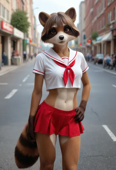 1girl, ((furry raccoon female on street)), raccoon anthro, midget, small body, short arms, short legs, looking at viewer, raccoon's head, alone, fit, thin, slim, abs, small ass, city theme, school uniform, pulling up skirt to show bald pink pussy, fursuit, <lora:FursuitXL:.6>, <lora:Hegre-Nude_woman-000001:.5>