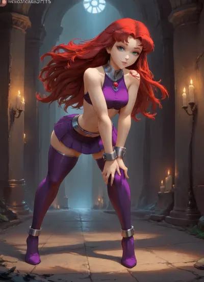 ohxw, star12, red hair, long hair, green eyes, purple outfit, full body, blushing, 4k, highly detailed, metal trimmed clothing, short top, (metallic gorget:1.1), emerald set in gorget, bare shoulders, mini skirt, straight skirt, upper arm cuff, broad cuffs, (big cuffs:1.1), emerald gem, metallic belt, (wide smile), lighting, outside, sharp, (masterpiece, best quality, ultra-detailed), (cutesexyrobutts art style:1.21), (rieq art style:1.3), standing, leaning forward, seductive look, (dynamic pose:1.2), photo of starfire from titans, (ambient light), warm light, warm color scheme, dynamic lighting, dark room, candlelight, (big lips:1.1), (flat woman chest:.25), wide hips, thick thighs, huge ass, (arched back:1.1), (purple eye shadow:1.1), black eye liner, thin waist, big eyes, soles of feet visible, midriff, thighhighs, (view from behind), <lora:1star-000004:1.1>, <lora:cutesexyrobutts style:1.5>, <lora:mkdrgs:1.1>