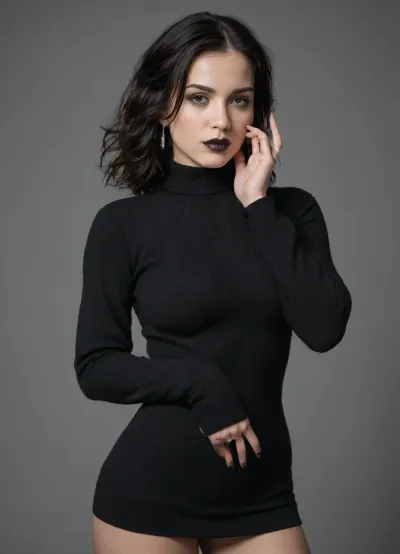 A sultry night: a stunning goth model in hyper-realistic moody lighting