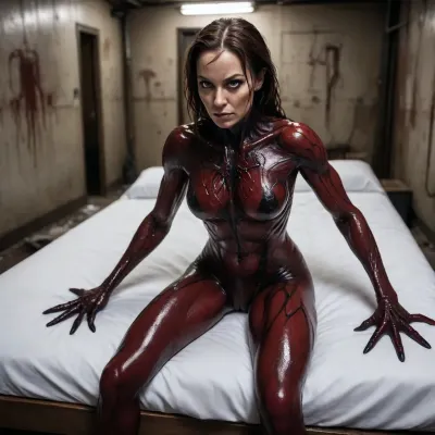 49 years old muscular brunette woman. Her body is entire covered with toxin symbiote, (black and red blood color of her skin), her hands have claws instead of nails, (like toxin symbiote), her feet have claws instead of nails, (like a mutant), she is a mutant, transformed, we can see her from her back, extremely detailed photo, detailed skin, detailed face, legs opens, Her eyes seem dark, with a serious look. Entire body visible on the generated image. The bed is covered with symbiote liquid and tentacles. She is in a dark alley