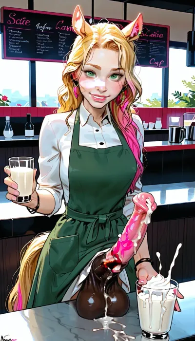1girl, solo, blonde hair, long hair, horse ears, horse tail, green eyes, looking at viewer, smile, green apron, erection, large penis, huge testicles, sagging testicles, cock sheath, dark testicles, pink penis, cafe, incase, too many cum, orgasming face, cumshot, cum in cup, <lora:209970_training_data:.7>, <lora:cartoon_stickers_xl_v1:.9>, <lora:287175_training_data:.8>